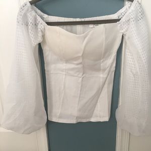 White corset top with caged organza sleeves